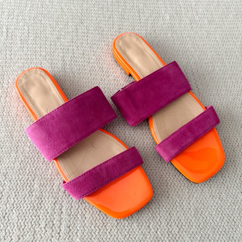Boden Fuschia + Orange Two Strap Square Toe Sandals Size 37 or 6.5 7 Slide On